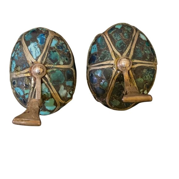 1" x .75" Vintage Sterling Silver Indian Clip-On Earrings With Crushed Turquoise - Picture 5 of 8
